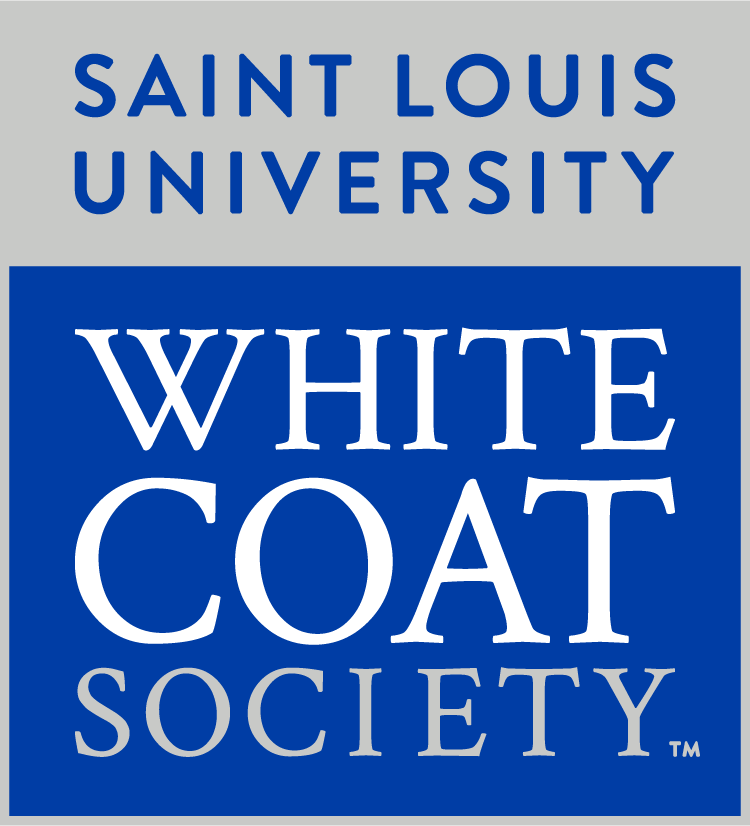 Wordmark in a blue and gray box reading White Coat Society Saint Louis University