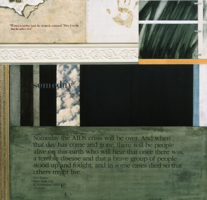 A detail of an artwork by Robert Farber titled Western Blot #19. Multiple painted panels and wood moulding are joined together in a composition. The paintings bear various texts, including the word "someday" with its dictionary definition. A ghostly handprint is visible on one of the panels.