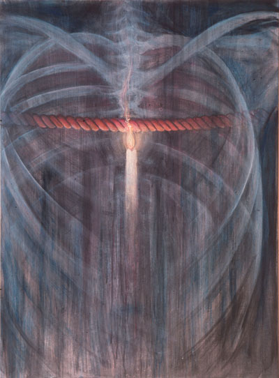 A painting by Donald Grant titled Rope and Flame. A ghostly ribcage, almost like an X-ray, stretches across a blue background. A rope stretches across the interior of the ribcage. A lit candle is positioned beneath the rope, seeming to burn through it.