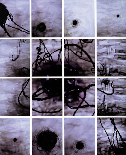 An artwork by Maria Magdalena Campos-Pons titled, Constellation. A grid of sixteen photographs depicts tangles of braided hair floating over turbulent waters.