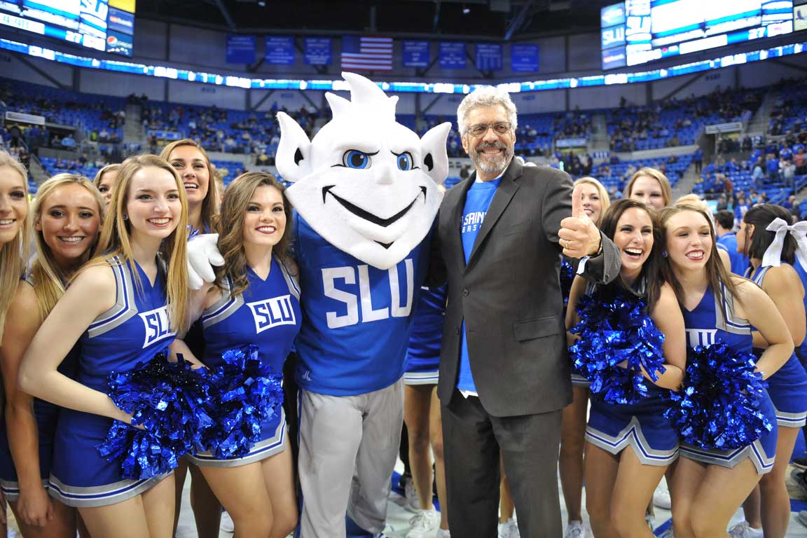 The new Billiken mascot was revealed during a basketball game at Chaifetz Arena.