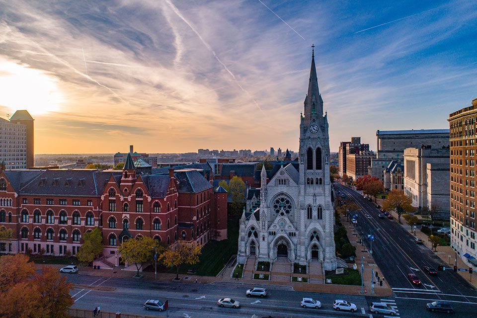 An aerial view of SLU’s College Church and DuBourg Hall. 