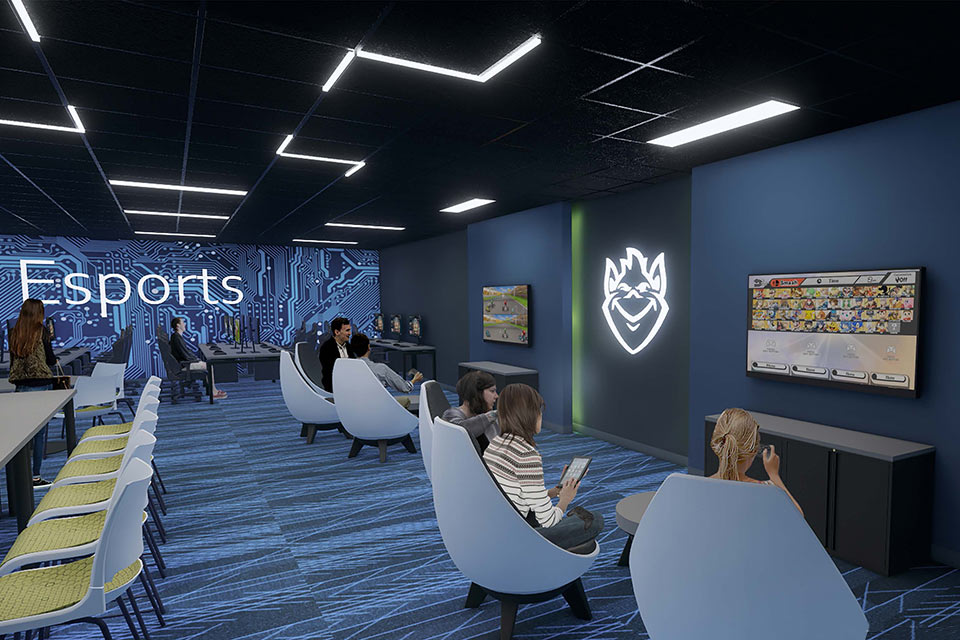Artist's rendering of the new Esports Gaming Lab, which will feature 12 stations for computer gaming and three large TV monitors.