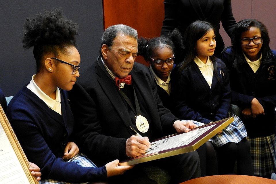 Andrew Young with students from Marion Middle School following the ceremony