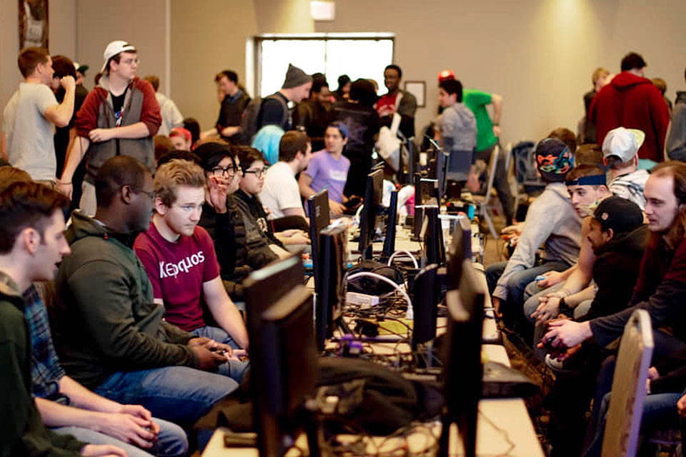Players competing at Smash Out videogame tournament in 2018.