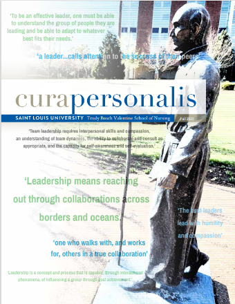Cover of Cura Personalis Magazine with statue of St. Ignatius