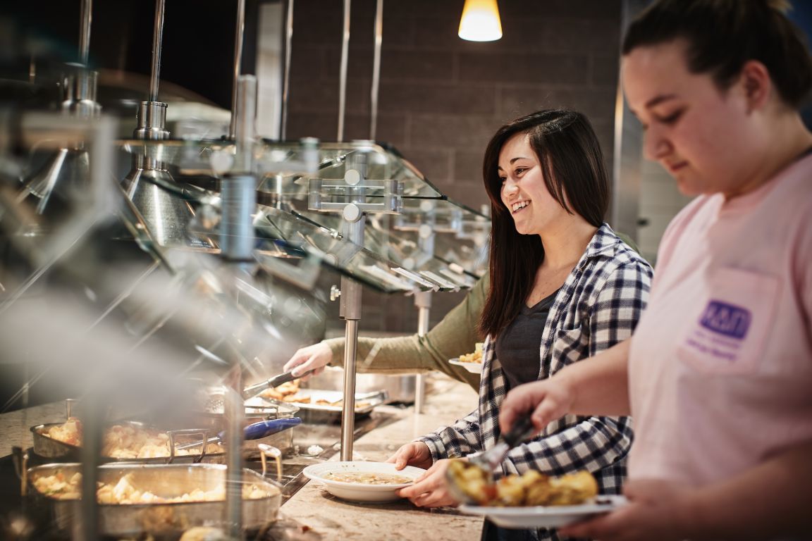 Closeup of stations inside Grand Dining Hall.