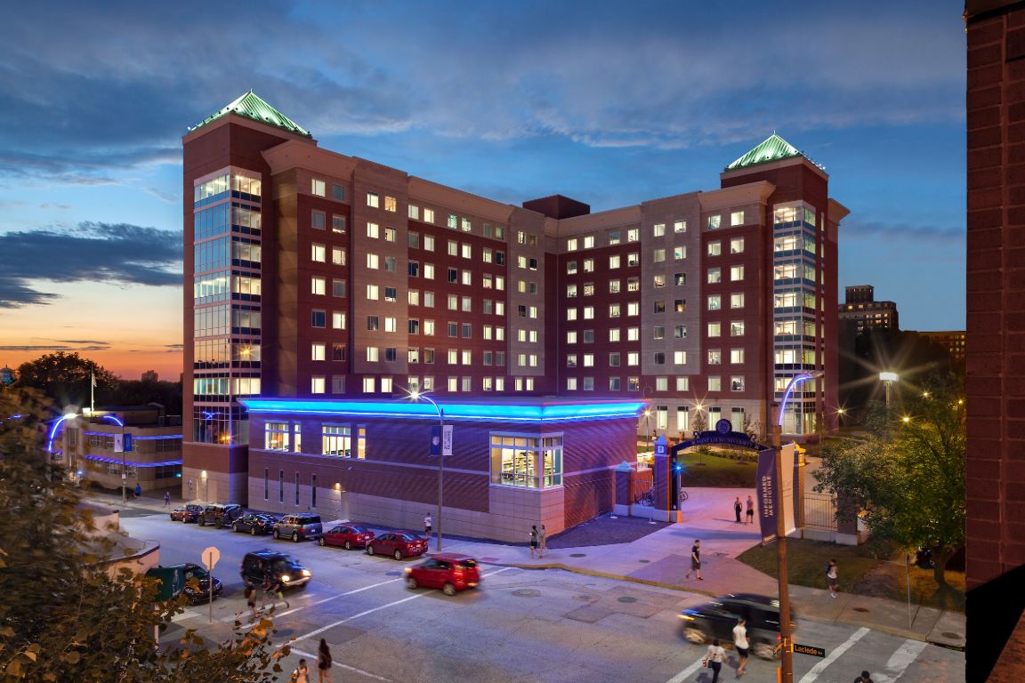 Exterior of Spring Hall at night