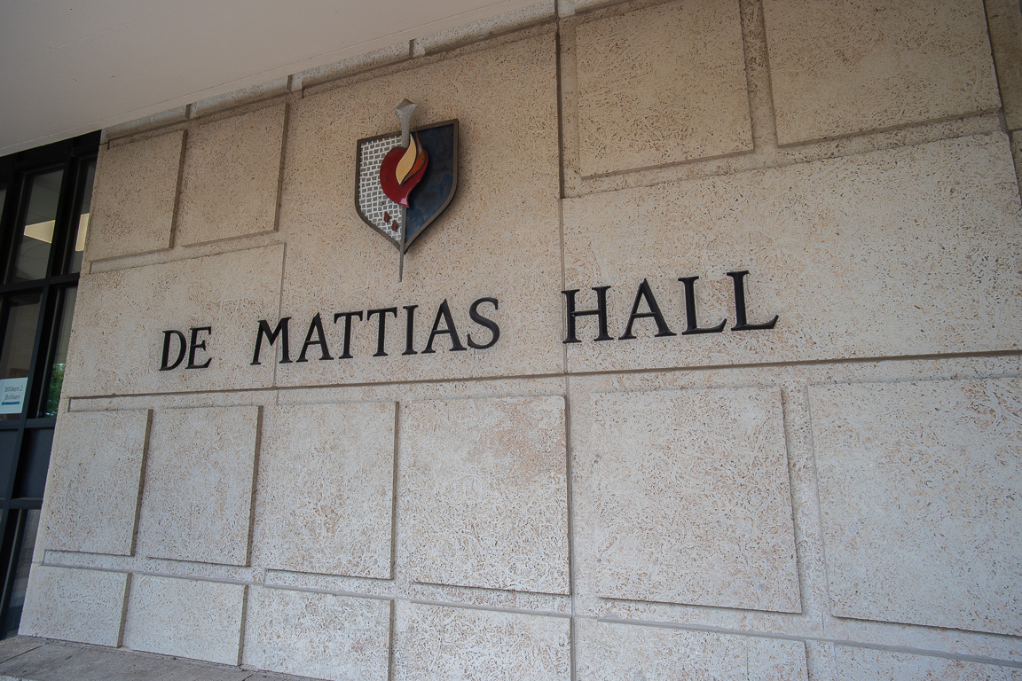Detail view of front of De Mattias Hall