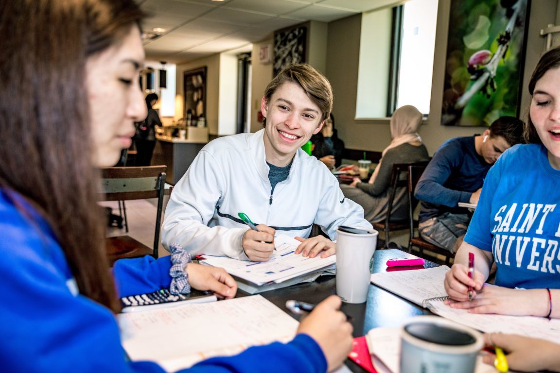 Students studying on the ground floor of Clemens Hall.