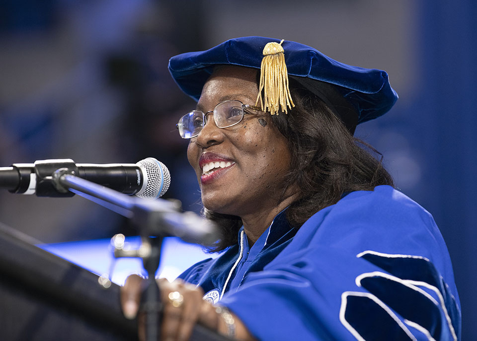 Saint Louis University alumna Dr. Tiffany Anderson was the speaker for the commencement ceremony Saturday, Aug. 7, 2021, at Chaifetz Arena. Photo by Steve Dolan.