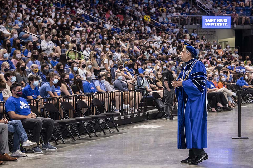 President Fred P. Pestello, Ph.D. speaks to the crowd at convocation Saturday, Aug. 21, at Chaifetz Arena. Photo by Steve Dolan.