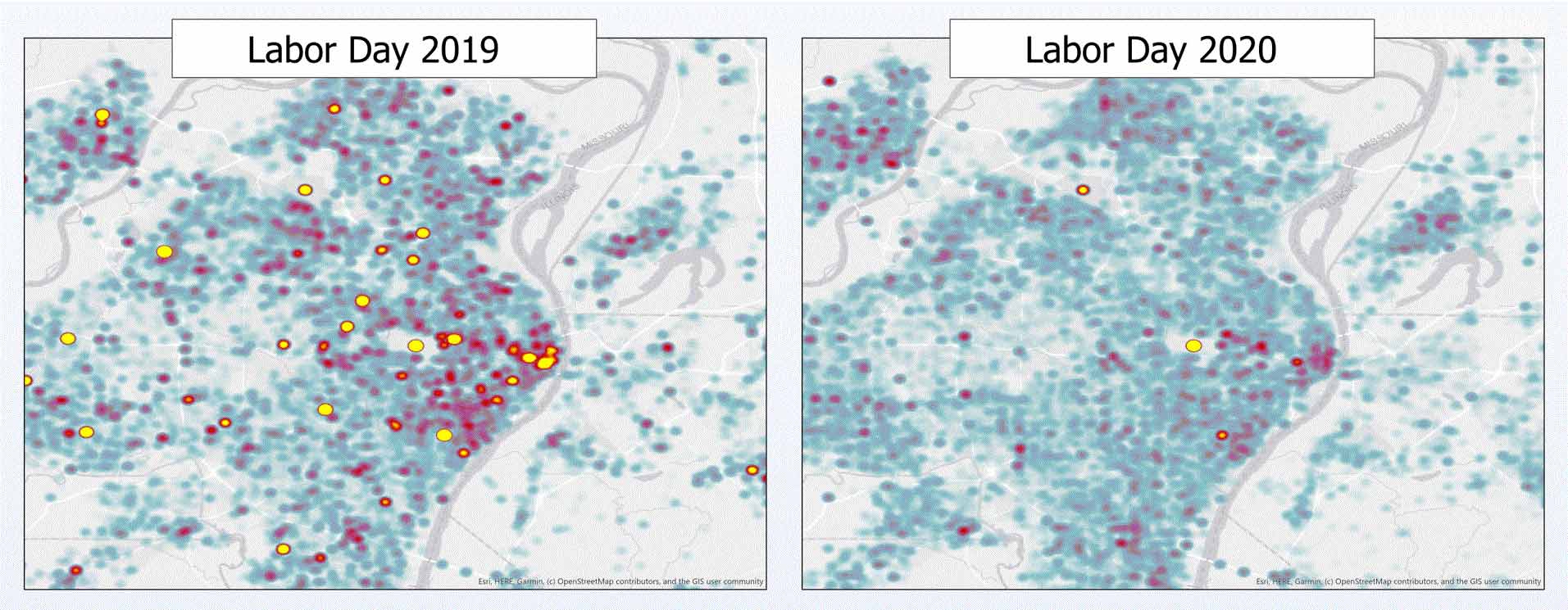These two maps of the St. Louis area depict cellphone geolocation "pings" on Labor Day in 2019 and 2020. In 2019, cell phone locations and, by default, people were concentrated in a number of recreational locations throughout the area. In contrast, 2020's map shows that people were more dispersed throughout residential areas, and only congregating in a few locations. 