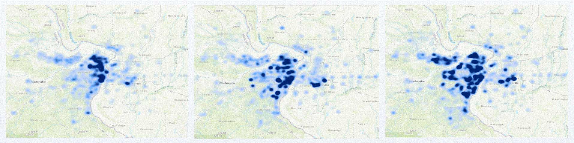 This map series shows the number of people spending their days at established home locations in 2019, 2020, and during the first half of 2021. In 2019, relatively few St. Louis area residents spent their days at home; however, the proportion of those who did increased in both 2020 and 2021. 