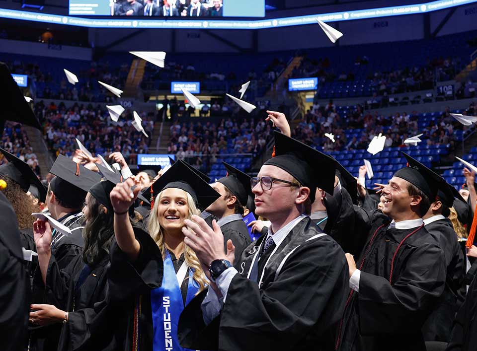 Parks College of Engineering, Aviation, and Technology graduates celebrate during 2022 Saint Louis University commencement at Chaifetz Arena on May 21, 2022. Photo by Sarah Conroy.