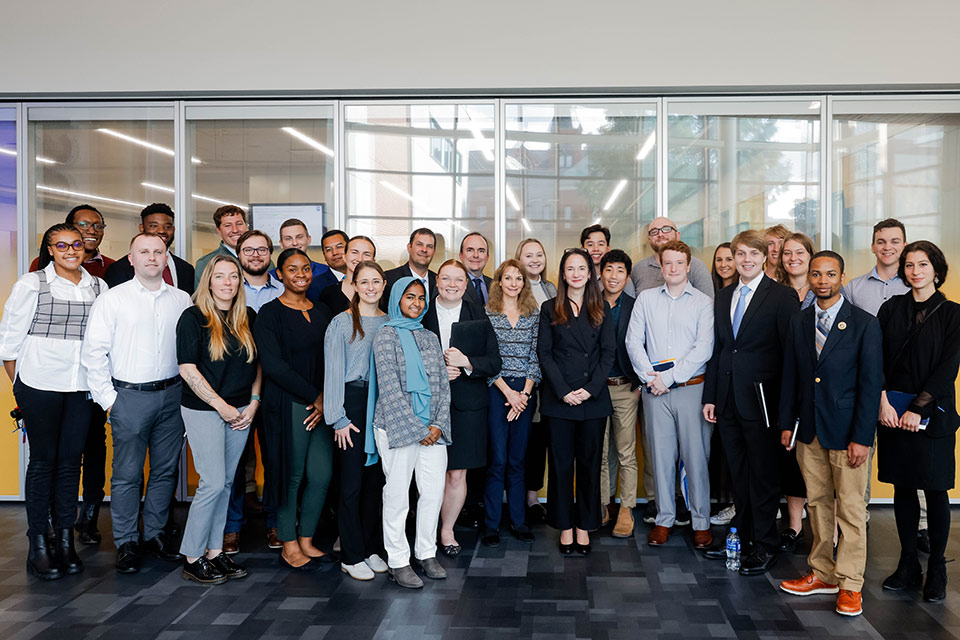 U.S. Director of National Intelligence Avril Haines with students following a tour of the ISE Building in connection with a recently announced grant SLU received from the Office of the Director of National Intelligence. Photo by Sarah Conroy. 