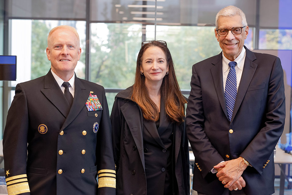 From left, Vice Admiral Frank Whitworth, director of the National Geospatial-Intelligence Agency; U.S. Director of National Intelligence Avril Haines; and SLU President Fred P. Pestello, Ph.D. Photo by Sarah Conroy.