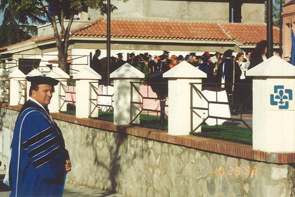 Father Biondi at a 1992 commencement at SLU's campus in Madrid, Spain.
