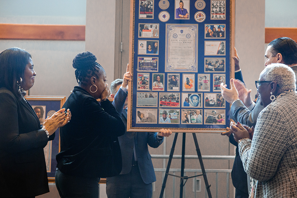 Sybrina Fulton, mother of Trayvon Martin, reacts to her award during the Martin Luther King Jr. Memorial Tribute hosted by Saint Louis University and the Urban League of Metropolitan St. Louis on Jan. 11, 2023. Photo by Sarah Conroy.