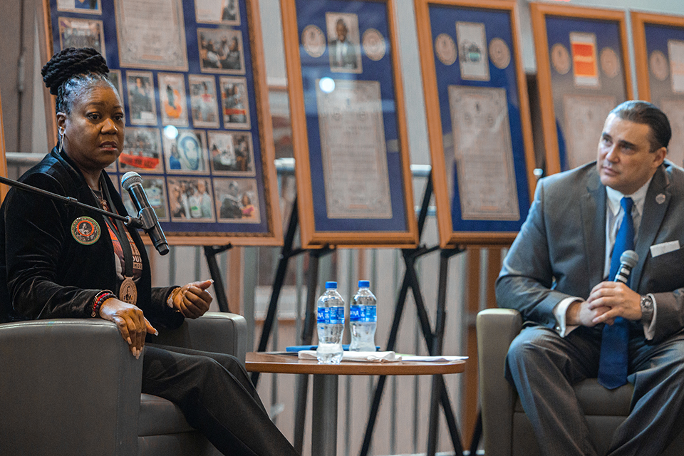 Sybrina Fulton, mother of Trayvon Martin, speaks during the Martin Luther King Jr. Memorial Tribute hosted by Saint Louis University and the Urban League of Metropolitan St. Louis on Jan. 11, 2023. Photo by Sarah Conroy.