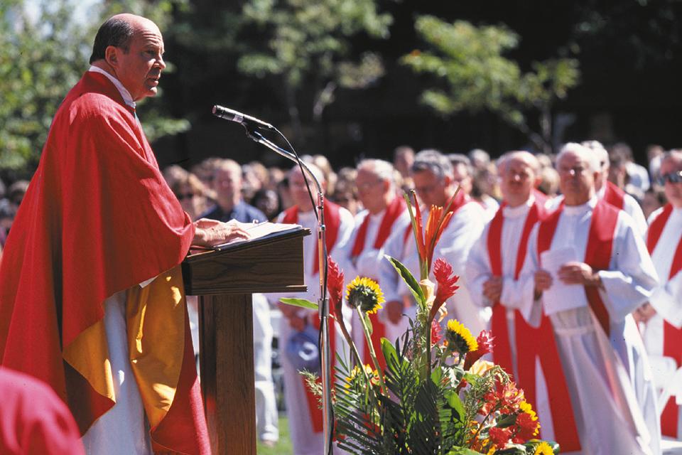 Father Biondi celebrating an outdoor Mass.