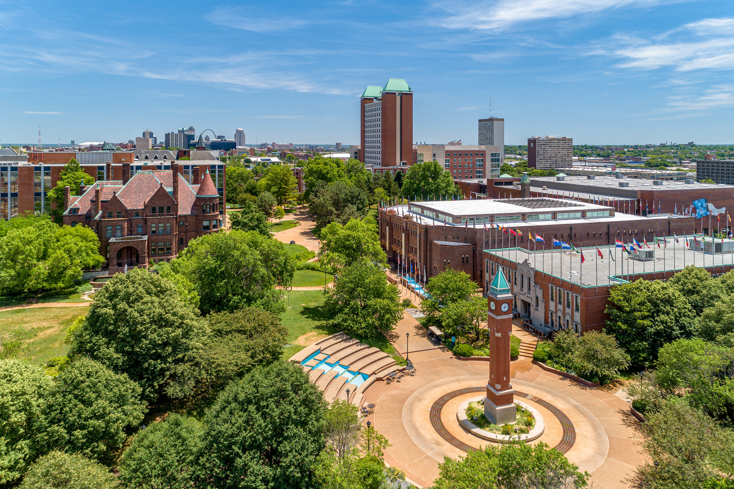 A view of SLU's clock tower and fountain, one of the most popular gathering places on campus on warm days. 