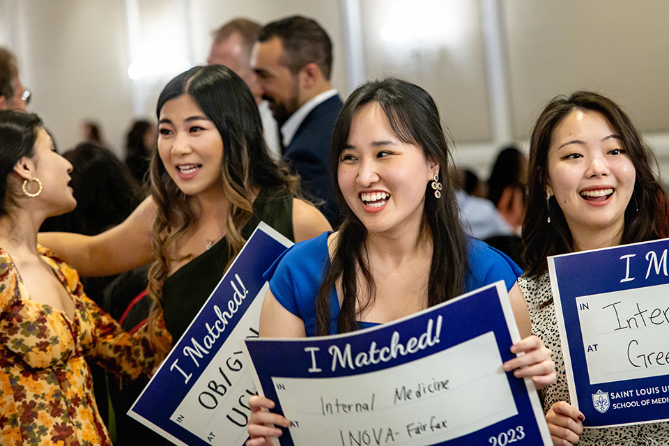 Graduating medical students celebrate receiving their residency matches during the Saint Louis University School of Medicine Match Day at the Ritz-Carlton in Clayton on March 17, 2023. Photo by Sarah Conroy