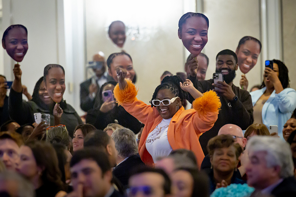 Nia Johnson walks up to receive her Match letter assignment during the Saint Louis University School of Medicine Match Day at the Ritz-Carlton in Clayton on March 17, 2023. Photo by Sarah Conroy
