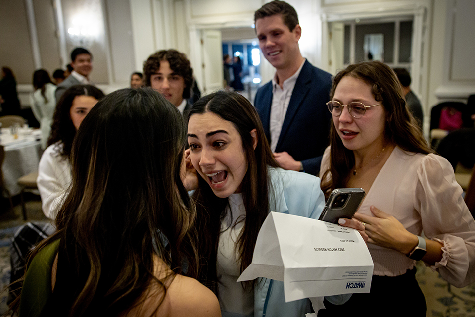 Graduating medical students celebrate receiving their residency matches during the Saint Louis University School of Medicine Match Day at the Ritz-Carlton in Clayton on March 17, 2023. Photo by Sarah Conroy
