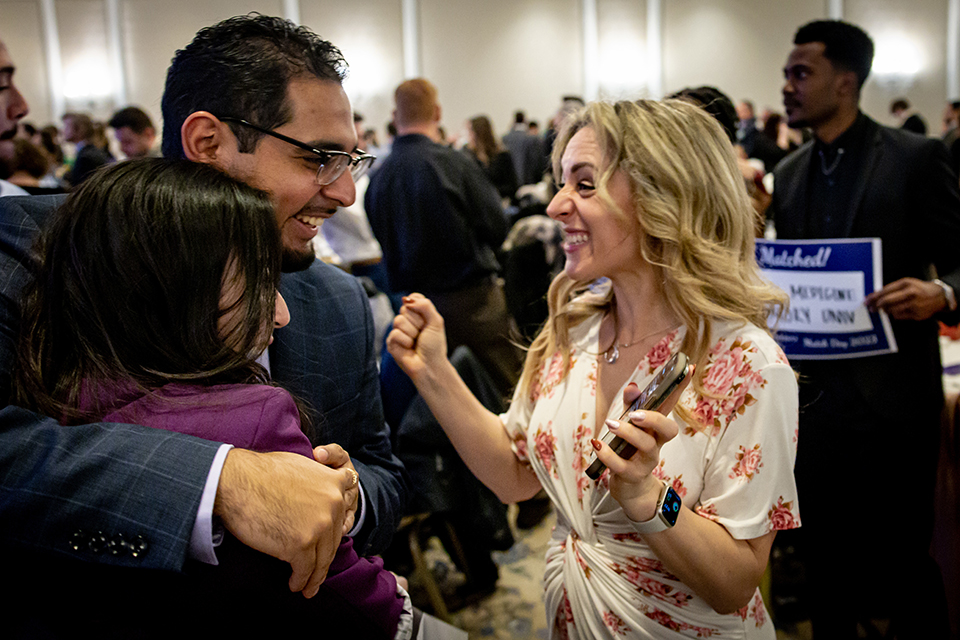 Graduating medical students celebrate receiving their residency matches during the Saint Louis University School of Medicine Match Day at the Ritz-Carlton in Clayton on March 17, 2023. Photo by Sarah Conroy