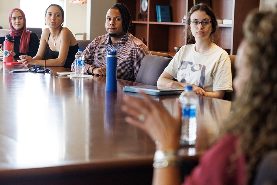 Students join journalist Michele Norris for a roundtable discussion prior to Norris’ lecture on “The Race Card Project: Eavesdropping on America's Conversation on Race” on April 4, 2023.