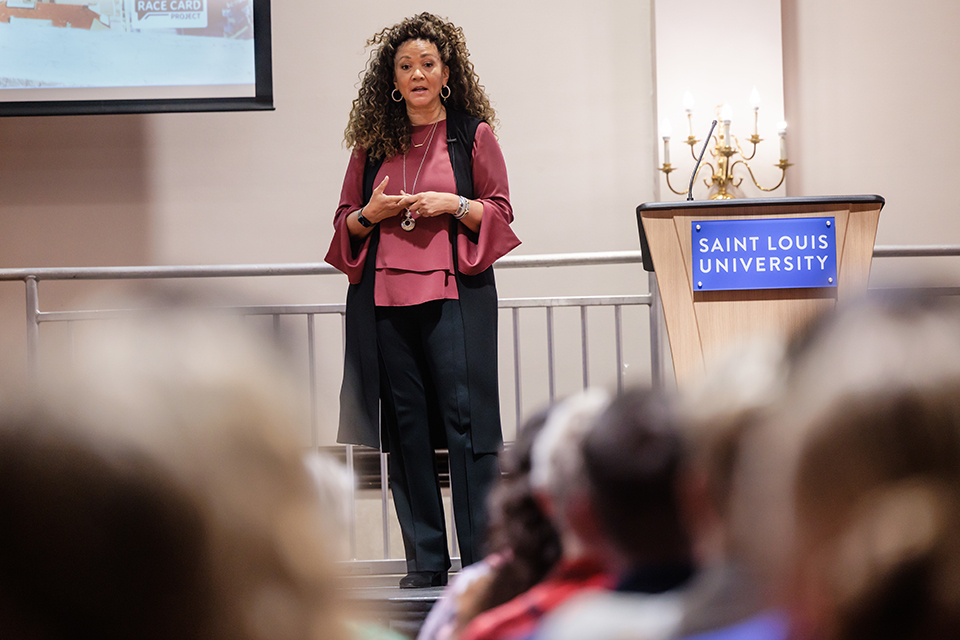 Journalist Michele Norris gives a lecture on “The Race Card Project: Eavesdropping on America's Conversation on Race” on April 4, 2023.