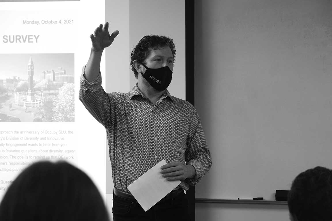 David Brinker, Director of the Museum of Contemporary Religious Art (MOCRA) addresses the class
