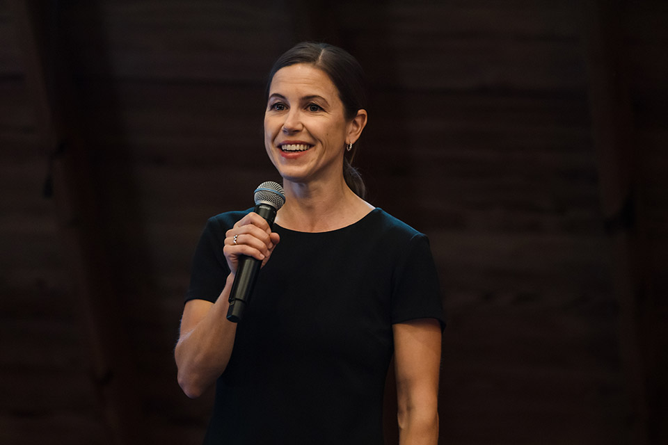 Kate Holdener, Ph.D., received a Junior Faculty Award during the Grantwinner Reception on April 14, 2023. Photo by Sarah Conroy.

