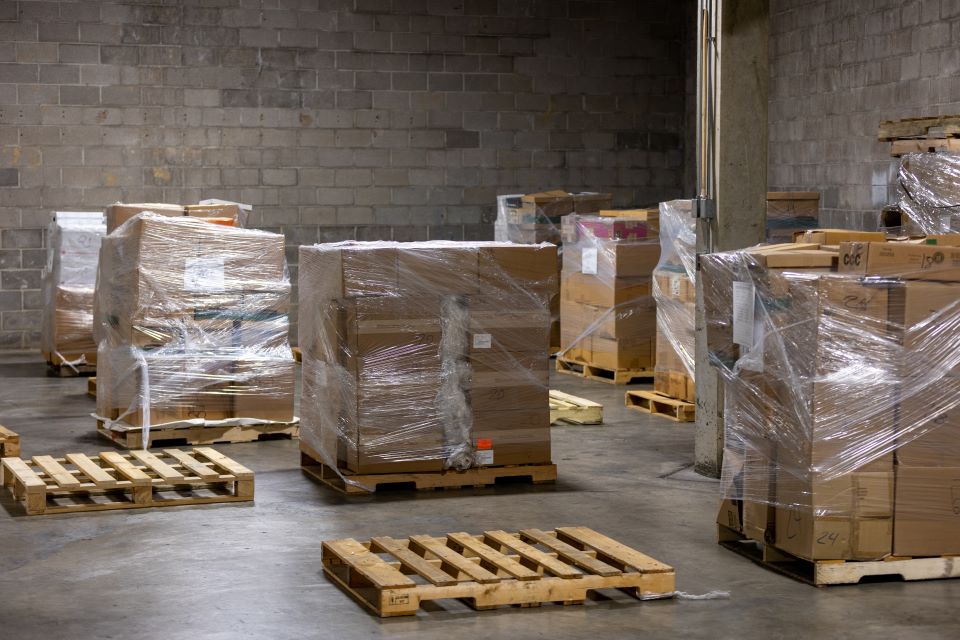 Finished pallets of books. Photo by David Malone. 
