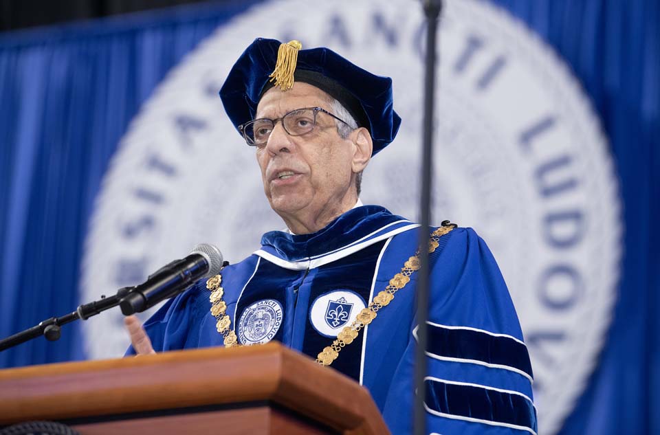 SLU President Fred P. Pestello, Ph.D., speaks during the Spring 2023 Commencement Ceremony. Photo by Steve Dolan.