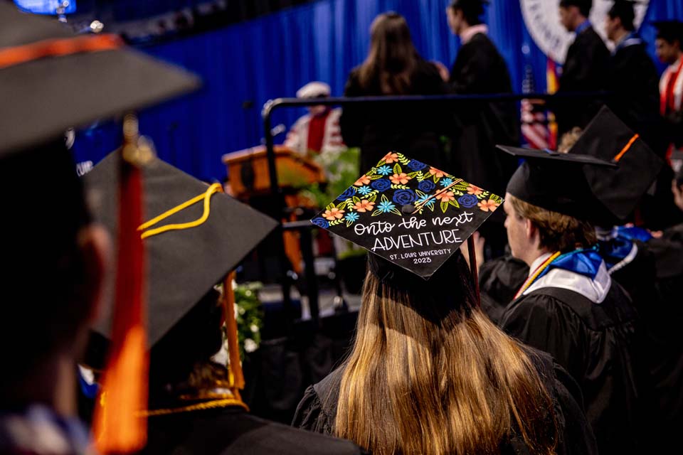 Students wait to cross the stage during the School of Science and Engineering precommencement on May 19, 2023. Photo by Sarah Conroy.