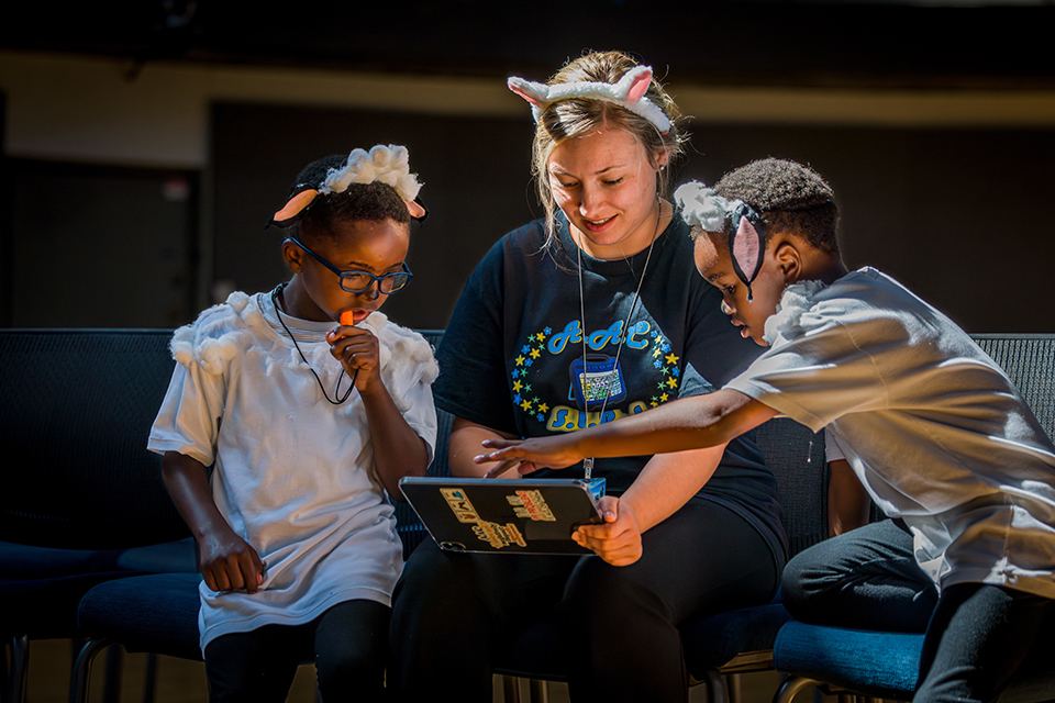 SLU's Speech-Language and Hearing Clinic's Augmentative-Alternative Communication Theater Camp presented Lost and Found: Little Bo Peep Meets Mary and her Lamb on Friday, July 14, in the C.S. Huh Auditorium at the Center for Global Citizenship. Photo by Sarah Conroy.