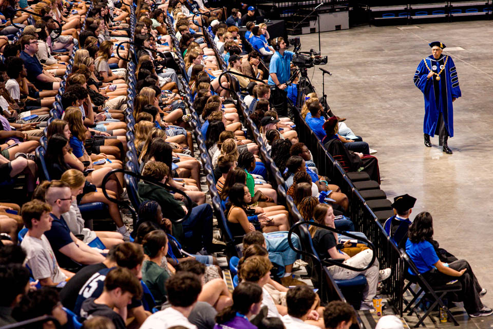 President Fred P. Pestello, Ph.D., addresses the class of 2027 during Convocation at Chaifetz Arena on Saturday, Aug. 19, 2023. Photo by Sarah Conroy.