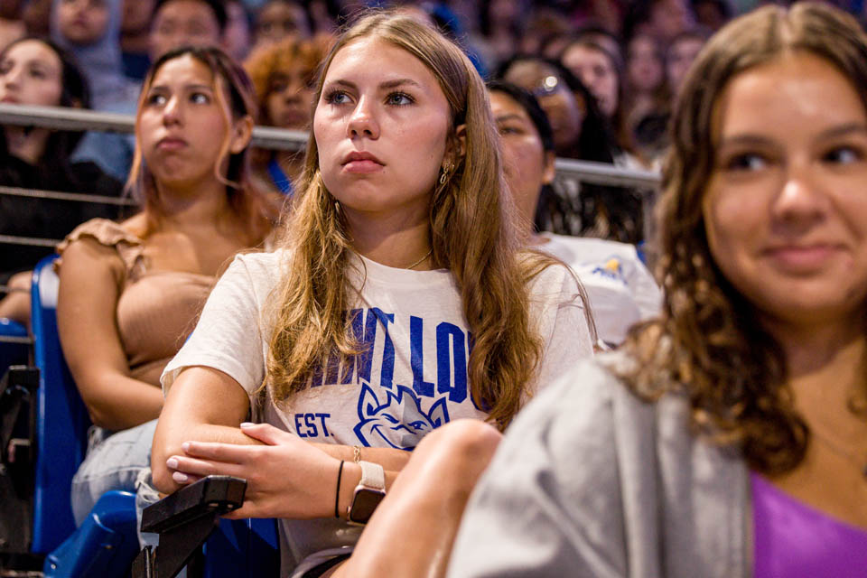 New students listen during Convocation at Chaifetz Arena on Saturday, Aug. 19, 2023. Photo by Sarah Conroy.
