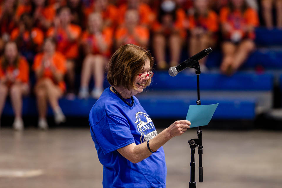 First Lady Frances Pestello, Ph.D., addresses the class of 2027 during Convocation at Chaifetz Arena on Saturday, Aug. 19, 2023.

Photo by Sarah Conroy.