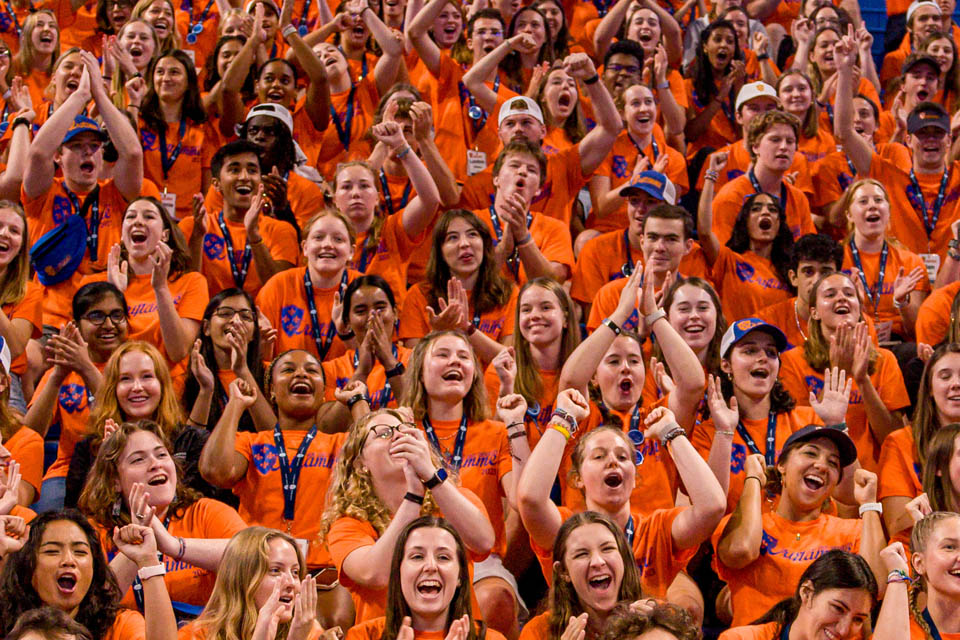 Oriflamme members cheer during Convocation at Chaifetz Arena on Saturday, Aug. 19, 2023. Photo by Sarah Conroy.