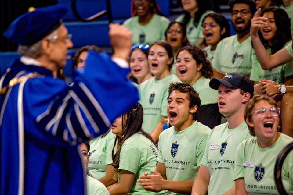 Housing and Residential Life students cheer during Convocation at Chaifetz Arena on Saturday, Aug. 19, 2023. Photo by Sarah Conroy.