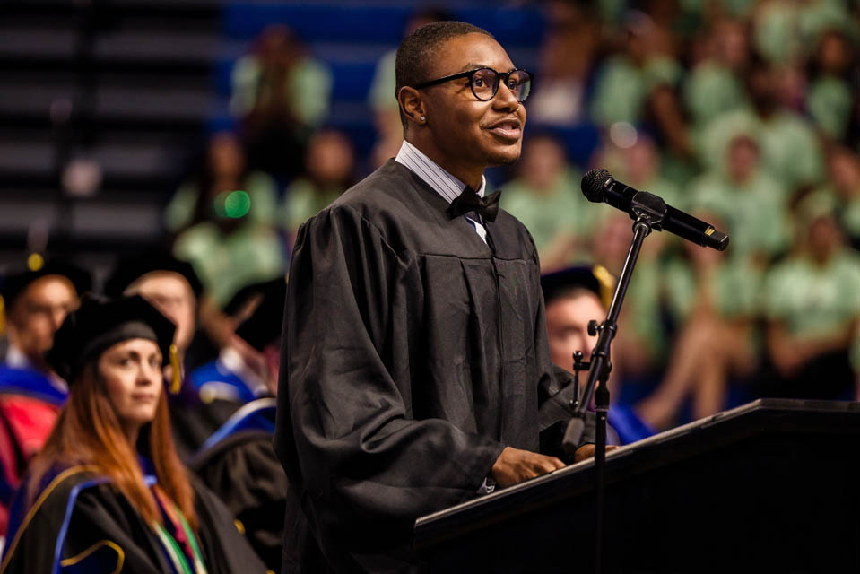 Student Government Association president Marquis Govan addresses the class of 2027 during Convocation at Chaifetz Arena on Saturday, Aug. 19, 2023. Photo by Sarah Conroy.