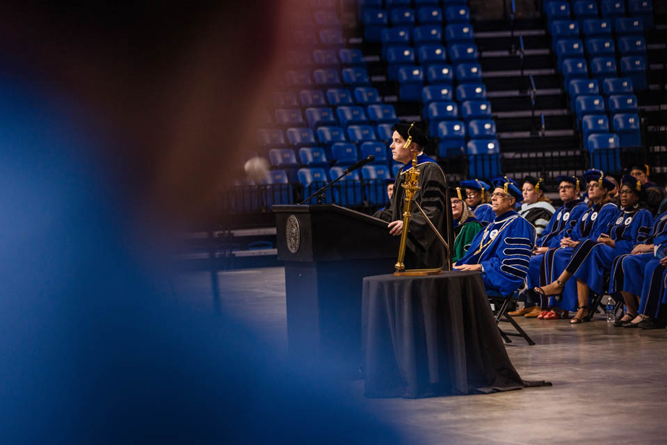 Provost Michael Lewis, Ph.D., addresses the class of 2027 during Convocation at Chaifetz Arena on Saturday, Aug. 19, 2023. Photo by Sarah Conroy.
