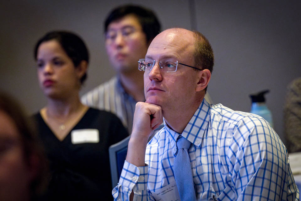 New faculty members listen to President Fred P. Pestello, Ph.D., during the new faculty orientation on Wednesday, Aug. 16. Photo by Sarah Conroy.