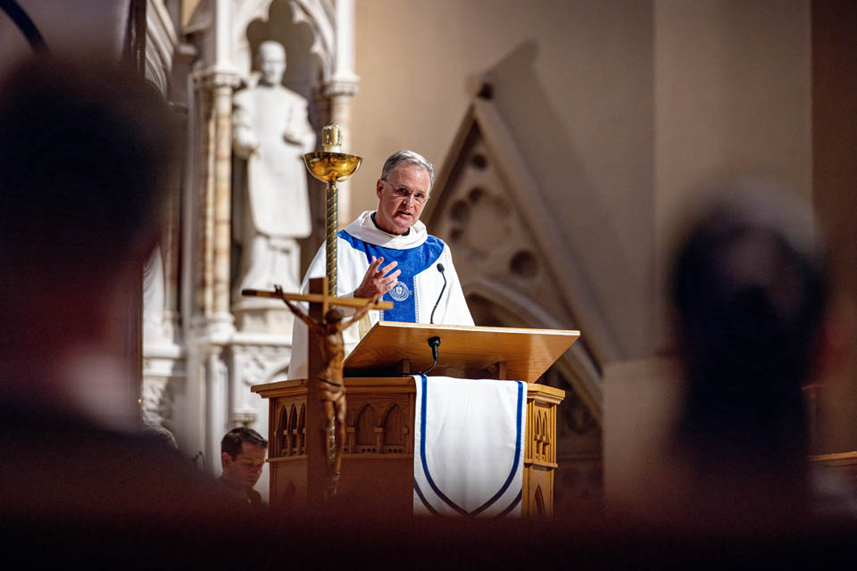 Provincial Father Thomas P. Greene, S.J., delivers the Homily during the Mass of the Holy Spirit in St. Francis Xavier College Church on Thursday, Aug. 24. Photo by Sarah Conroy. 