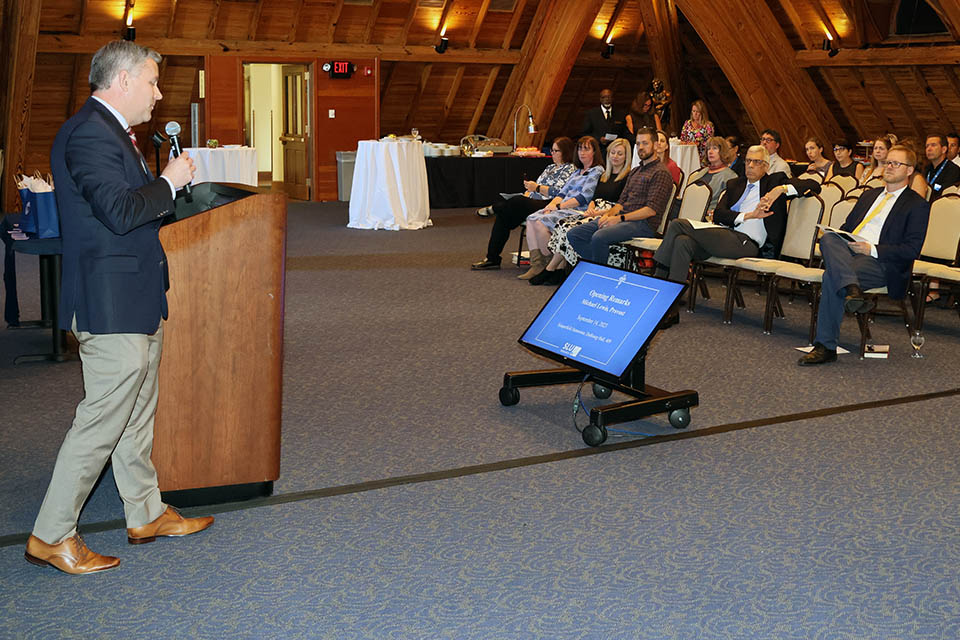 Provost Mike Lewis, Ph.D., addressed the crowd at the 2023 Scholarly Works reception on Thursday, Sept. 14. Photo by Joe Barker.
