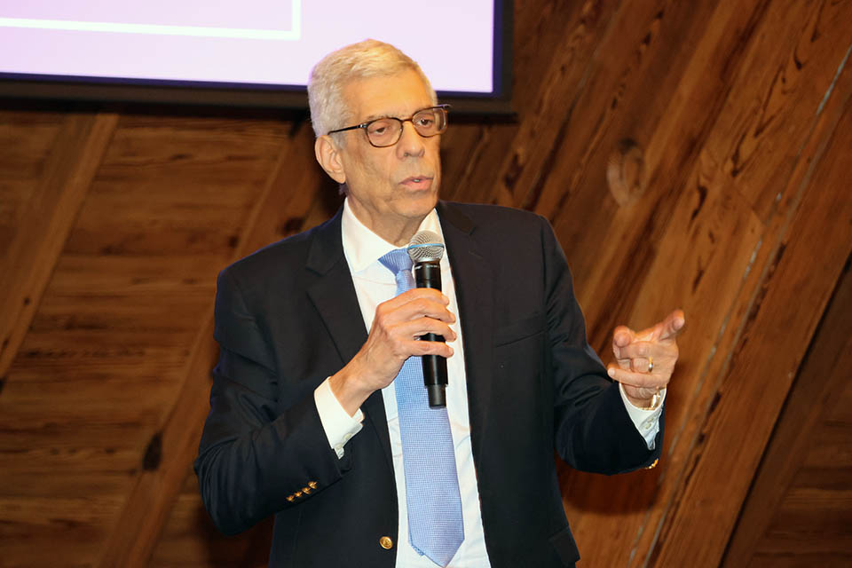SLU President Fred P. Pestello, Ph.D., praised all the award winners at the 2023 Scholarly Works reception on Thursday, Sept. 14. Photo by Joe Barker.