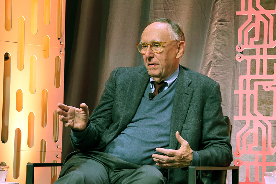 The 2023 Geo-Resolution conference kicked off with a panel conversation. Jack Dangermond shared his thoughts about geospatial and how he got his start in the field. Photo by Joe Barker. 